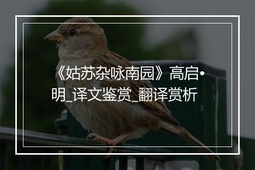 《姑苏杂咏南园》高启•明_译文鉴赏_翻译赏析