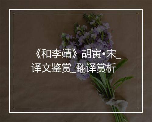 《和李靖》胡寅•宋_译文鉴赏_翻译赏析