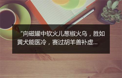 “向磁罐中软火儿葱椒火乌，胜如黄犬能医冷，赛过胡羊善补虚。”拼音出处和意思